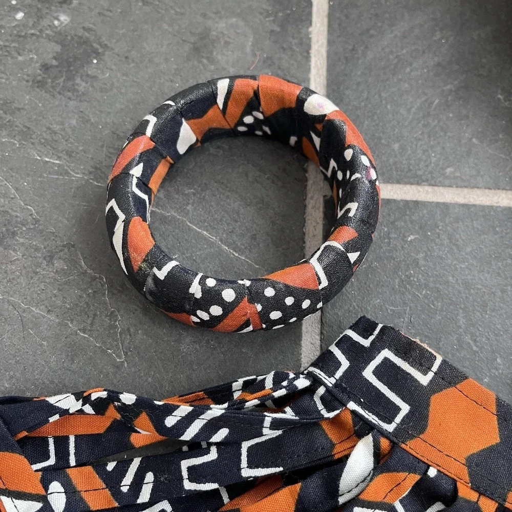African Print Fabric Necklace Colorful Collar Neck Bib Orange Head Scarf, Bangle